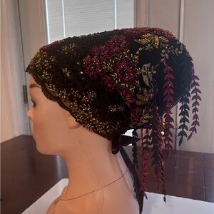 Embellished Black Headscarf with Gold & Deep Pink Beading